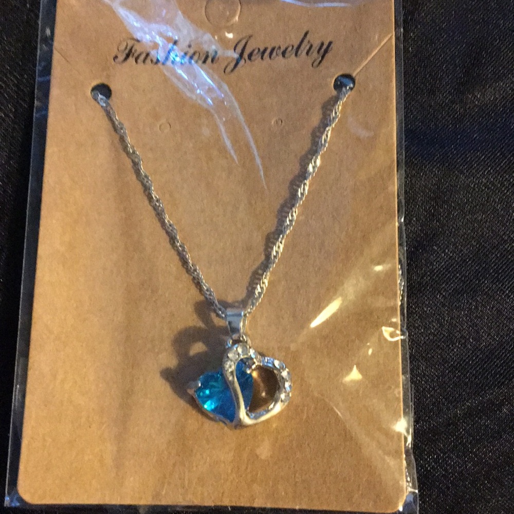 Silver Necklace Aquamarine Heart